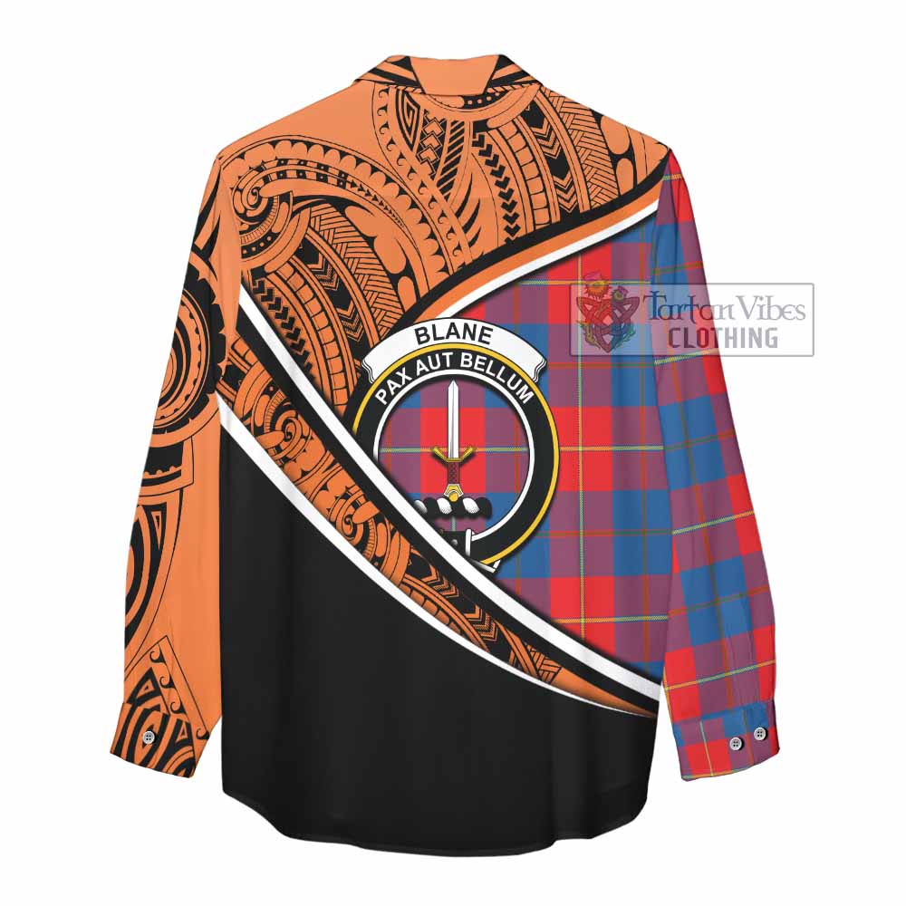 Tartan Vibes Clothing Blane Crest Tartan Women's Casual Shirt with Maori Tattoo Style - Orange Version