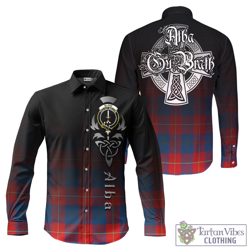 Tartan Vibes Clothing Blane Tartan Long Sleeve Button Up Featuring Alba Gu Brath Family Crest Celtic Inspired