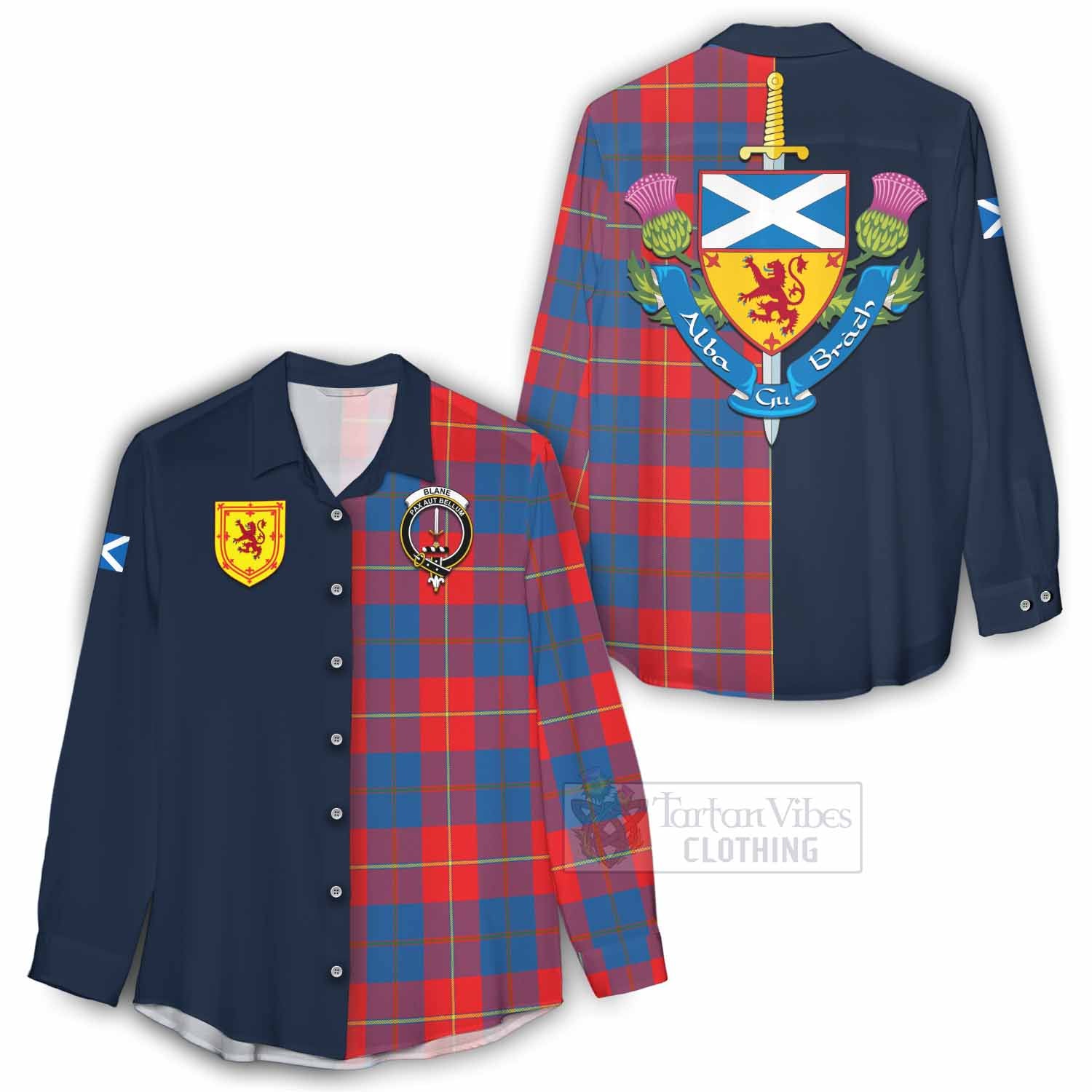 Tartan Vibes Clothing Blane Tartan Women's Casual Shirt Alba with Scottish Lion Royal Arm Half Style