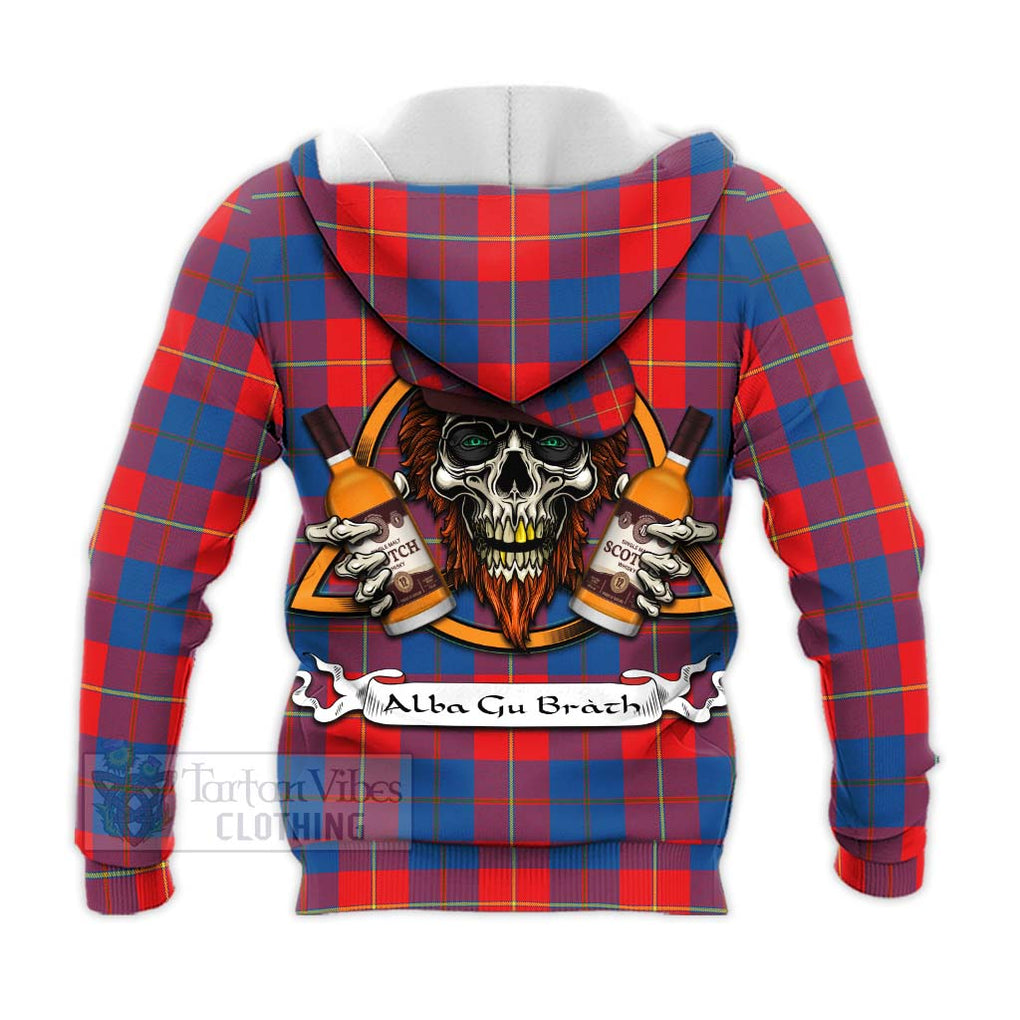 Tartan Vibes Clothing Blane Tartan Knitted Hoodie with Family Crest and Bearded Skull Holding Bottles of Whiskey