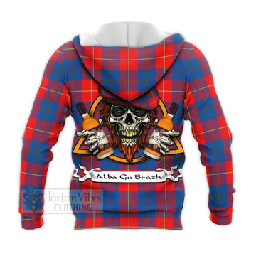 Blane Tartan Knitted Hoodie with Family Crest and Bearded Skull Holding Bottles of Whiskey