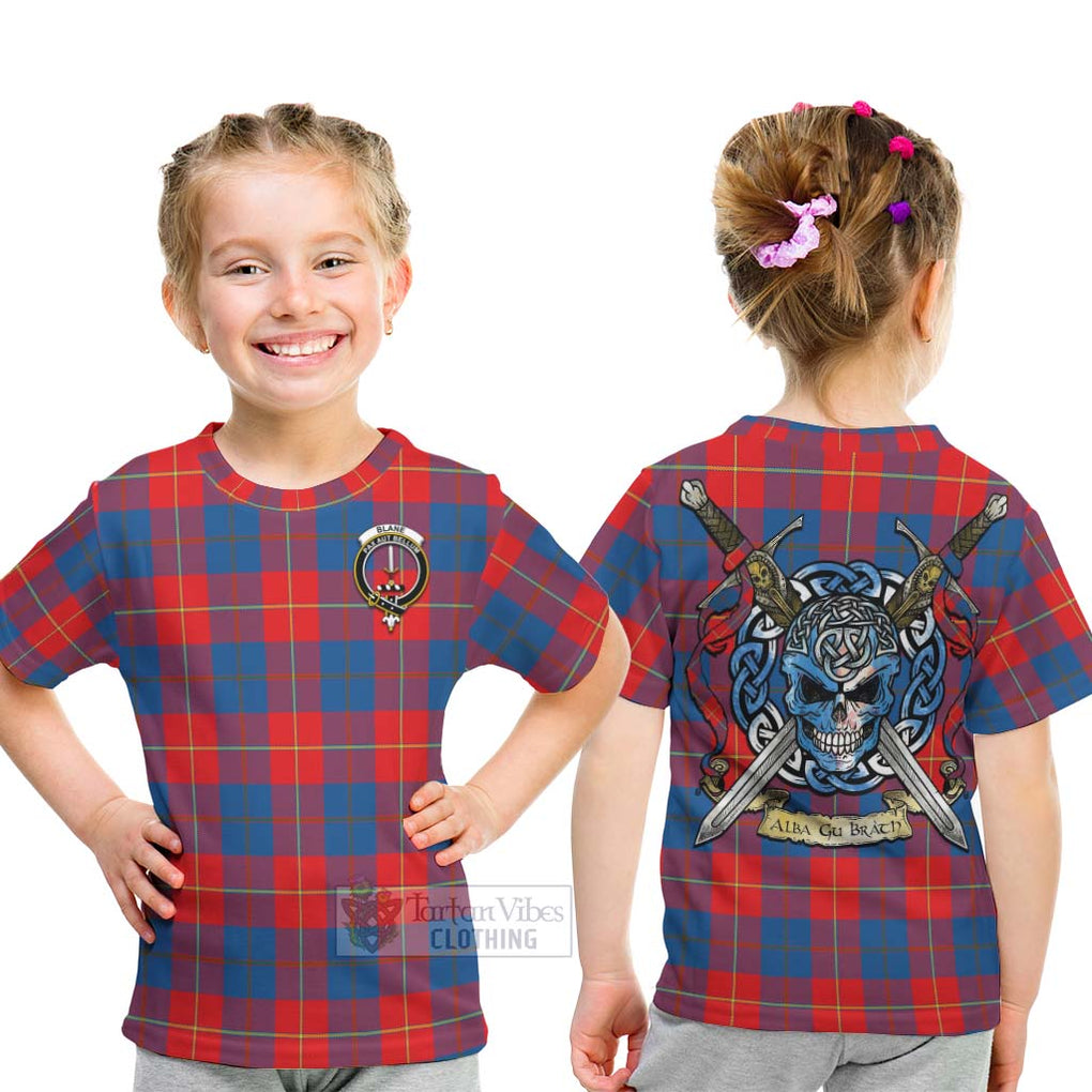 Tartan Vibes Clothing Blane Tartan Kid T-Shirt with Family Crest Celtic Skull Style