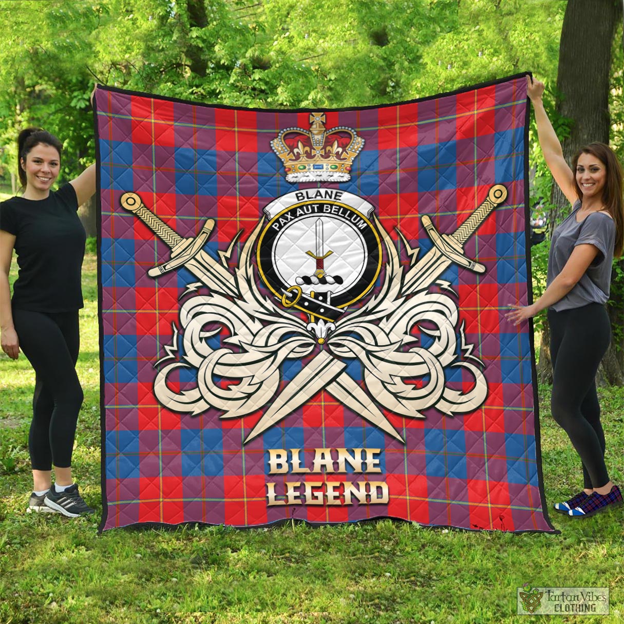 Tartan Vibes Clothing Blane Tartan Quilt with Clan Crest and the Golden Sword of Courageous Legacy