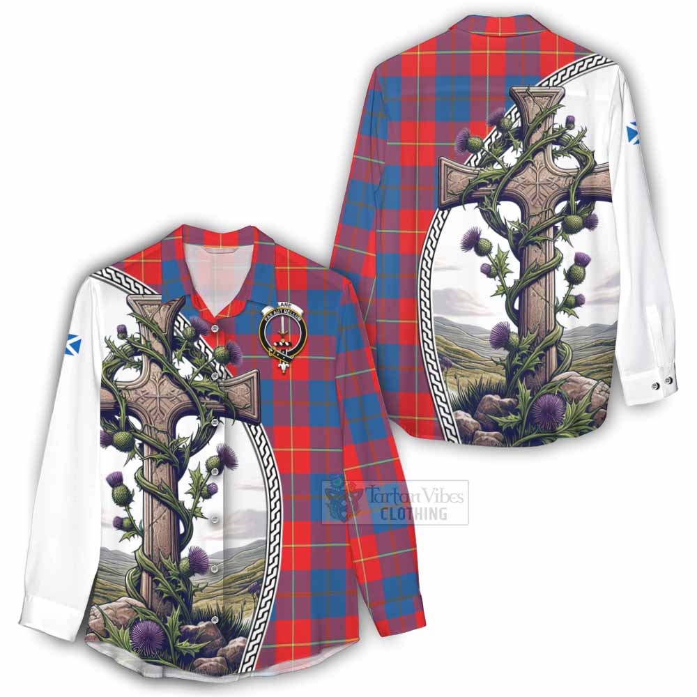 Tartan Vibes Clothing Blane Tartan Women's Casual Shirt with Family Crest and St. Andrew's Cross Accented by Thistle Vines