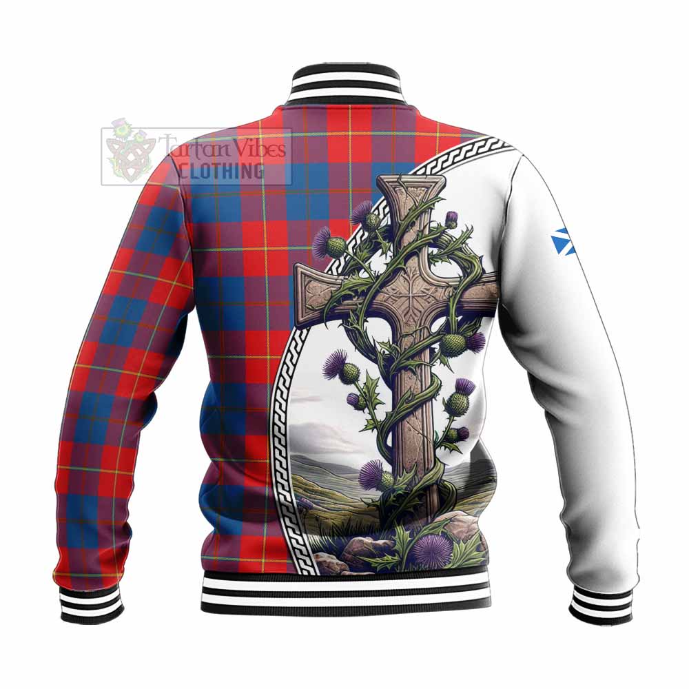 Tartan Vibes Clothing Blane Tartan Baseball Jacket with Family Crest and St. Andrew's Cross Accented by Thistle Vines