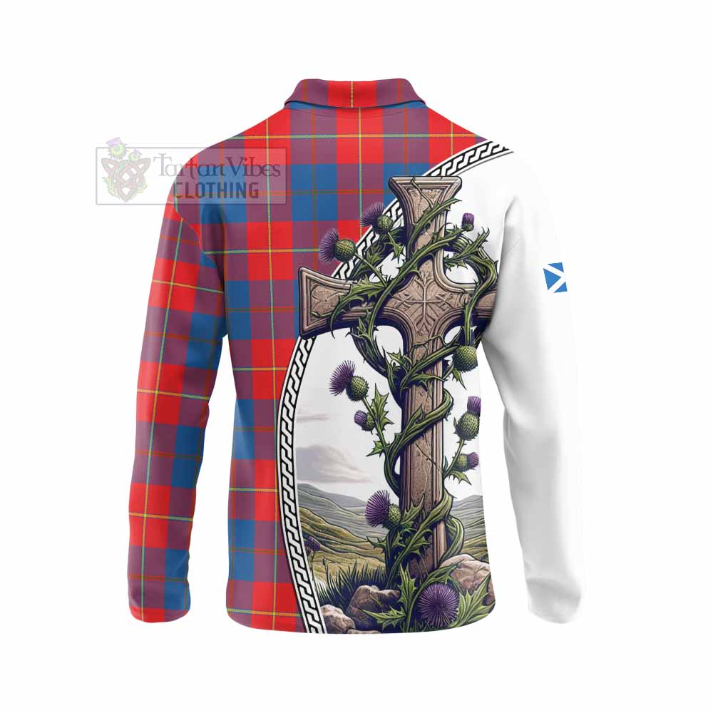 Tartan Vibes Clothing Blane Tartan Long Sleeve Polo Shirt with Family Crest and St. Andrew's Cross Accented by Thistle Vines