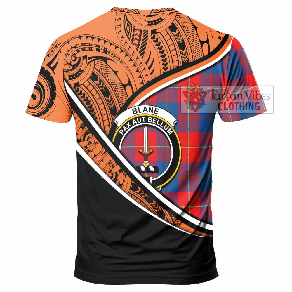 Tartan Vibes Clothing Blane Crest Tartan T-Shirt with Maori Tattoo Style - Orange Version