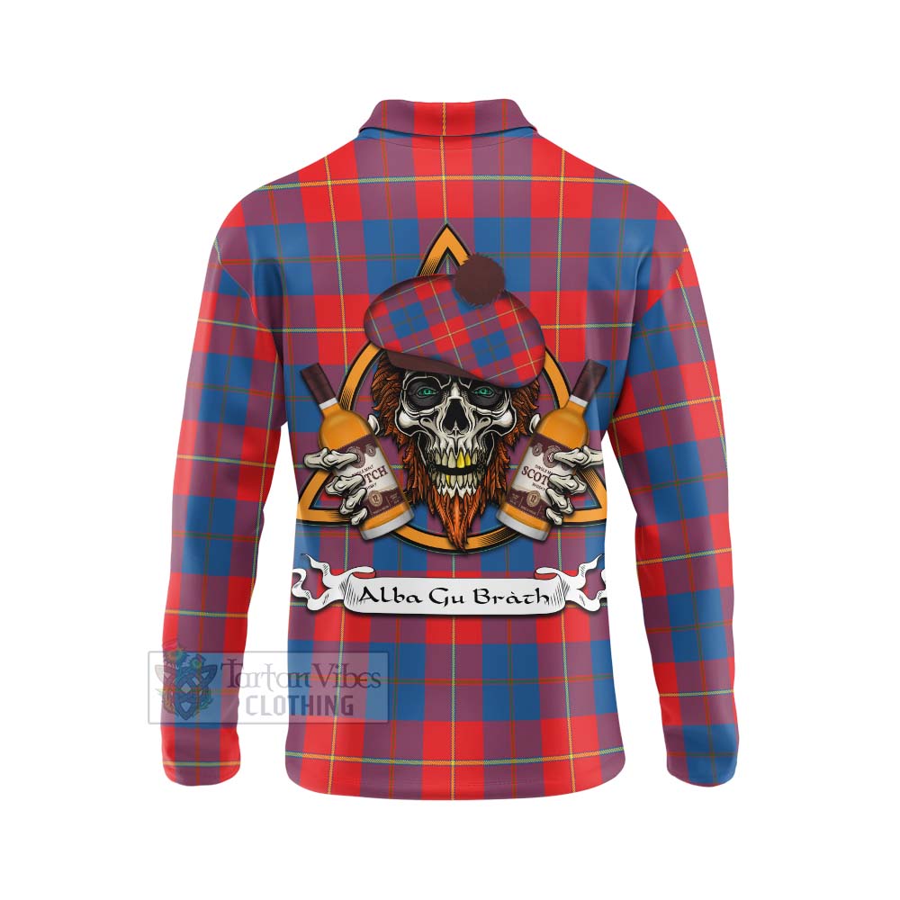 Tartan Vibes Clothing Blane Tartan Long Sleeve Polo Shirt with Family Crest and Bearded Skull Holding Bottles of Whiskey