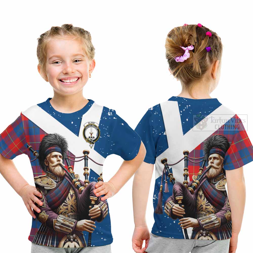 Tartan Vibes Clothing Blane Tartan Kid T-Shirt with Family Crest Scottish Bagpiper Vibes