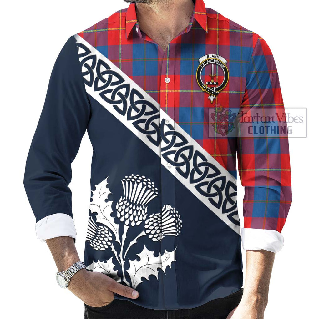 Tartan Vibes Clothing Blane Tartan Long Sleeve Button Shirt Featuring Thistle and Scotland Map