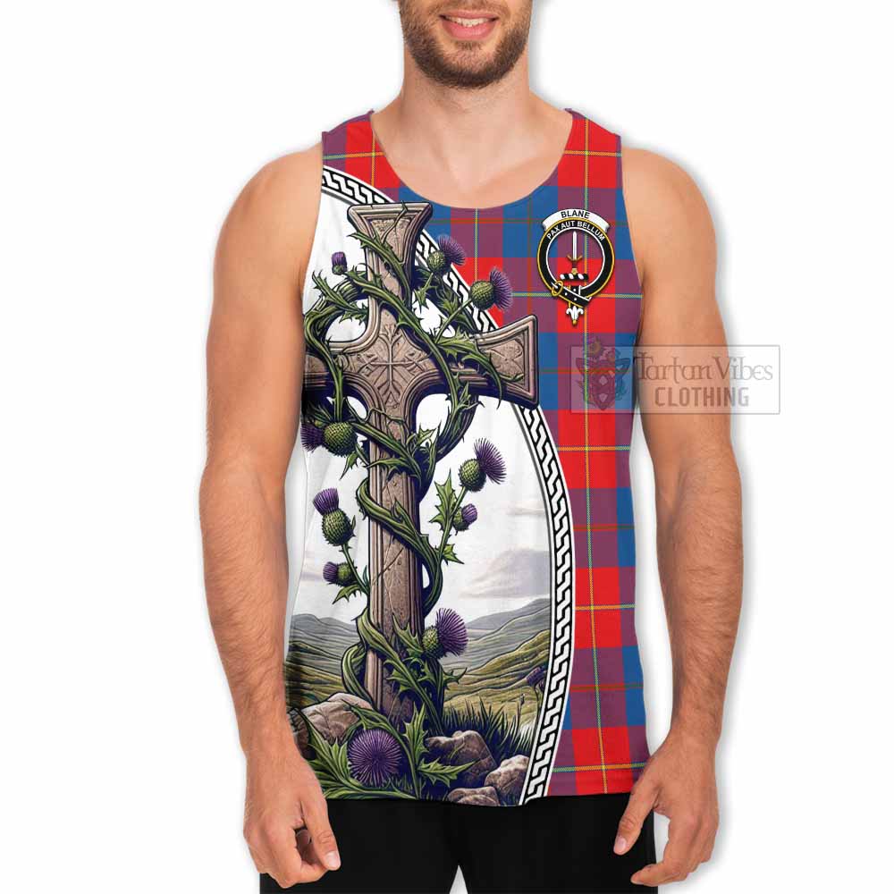 Tartan Vibes Clothing Blane Tartan Men's Tank Top with Family Crest and St. Andrew's Cross Accented by Thistle Vines