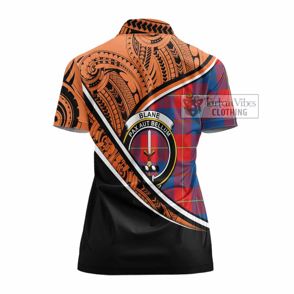 Tartan Vibes Clothing Blane Crest Tartan Women's Polo Shirt with Maori Tattoo Style - Orange Version