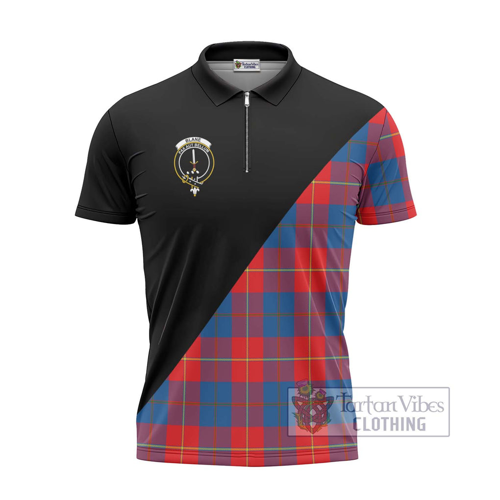 Blane Tartan Zipper Polo Shirt with Family Crest and Military Logo Style - Tartanvibesclothing Shop