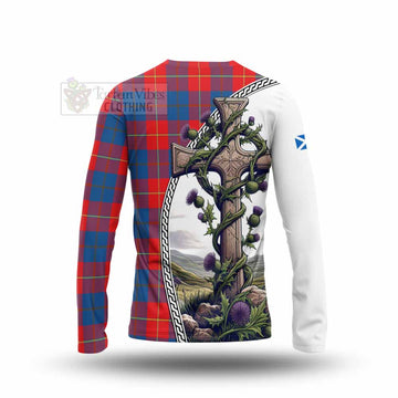 Blane Tartan Long Sleeve T-Shirt with Family Crest and St. Andrew's Cross Accented by Thistle Vines