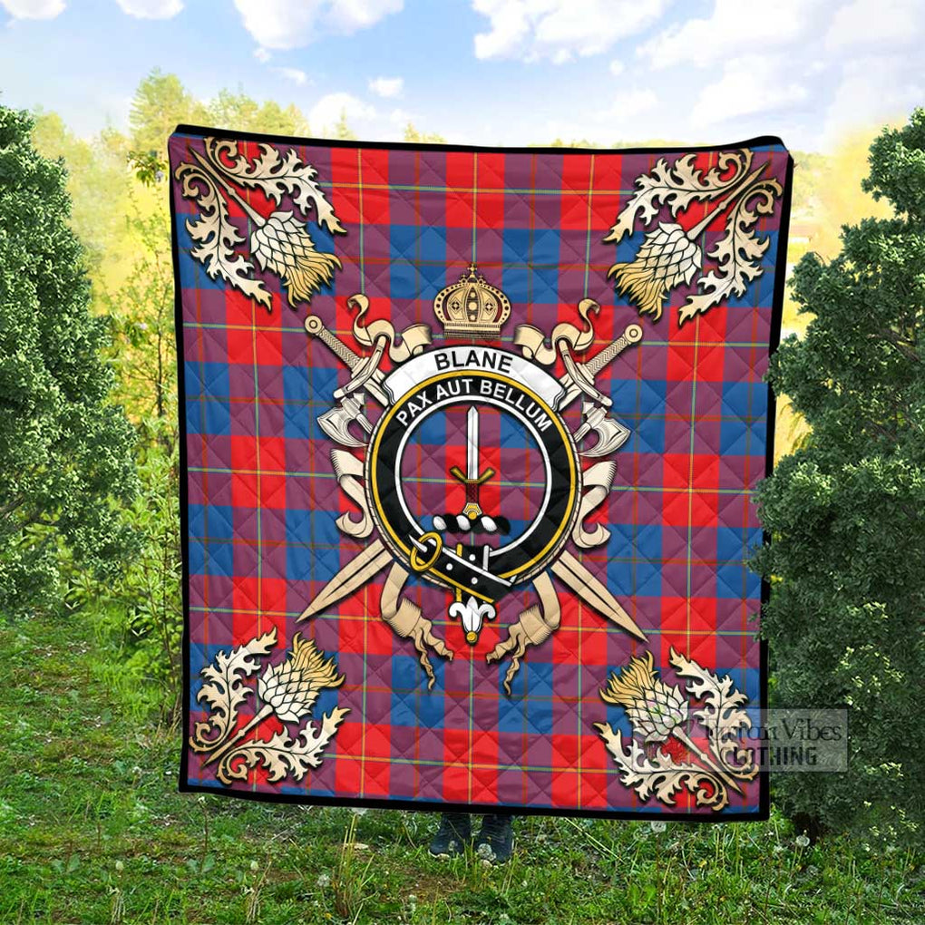 Tartan Vibes Clothing Blane Tartan Quilt with Family Crest and Scottish Golden Courage Shield