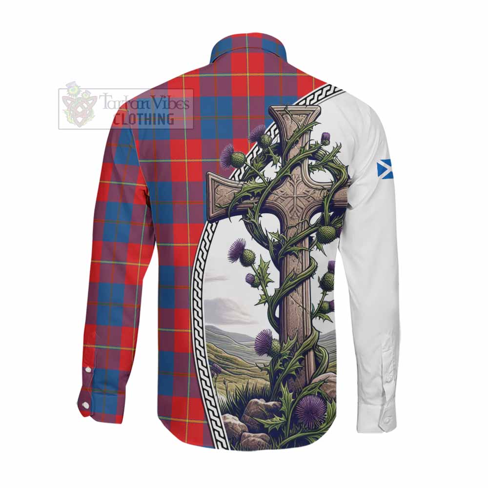 Tartan Vibes Clothing Blane Tartan Long Sleeve Button Shirt with Family Crest and St. Andrew's Cross Accented by Thistle Vines