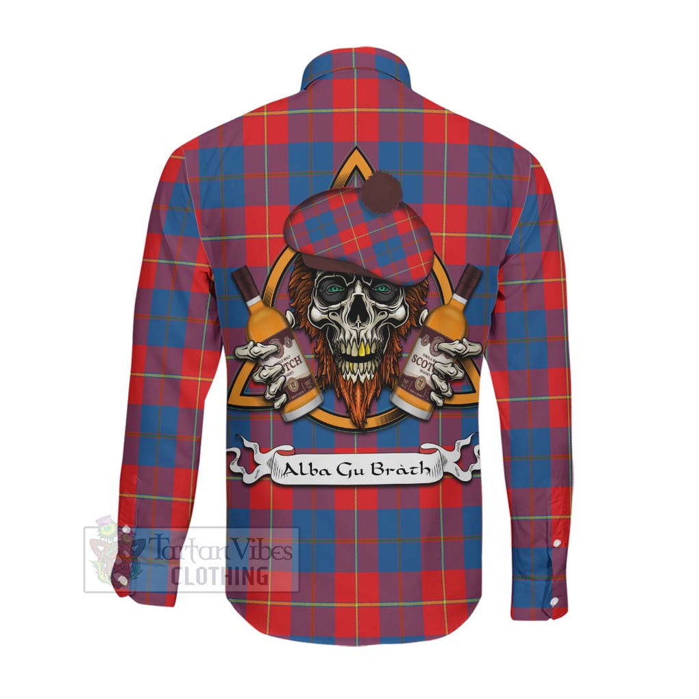 Tartan Vibes Clothing Blane Tartan Long Sleeve Button Shirt with Family Crest and Bearded Skull Holding Bottles of Whiskey