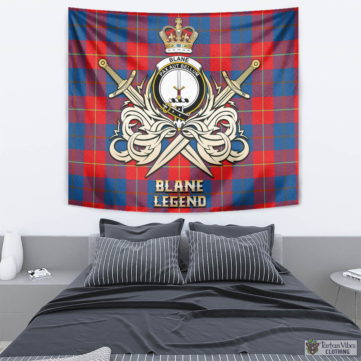 Tartan Vibes Clothing Blane Tartan Tapestry with Clan Crest and the Golden Sword of Courageous Legacy