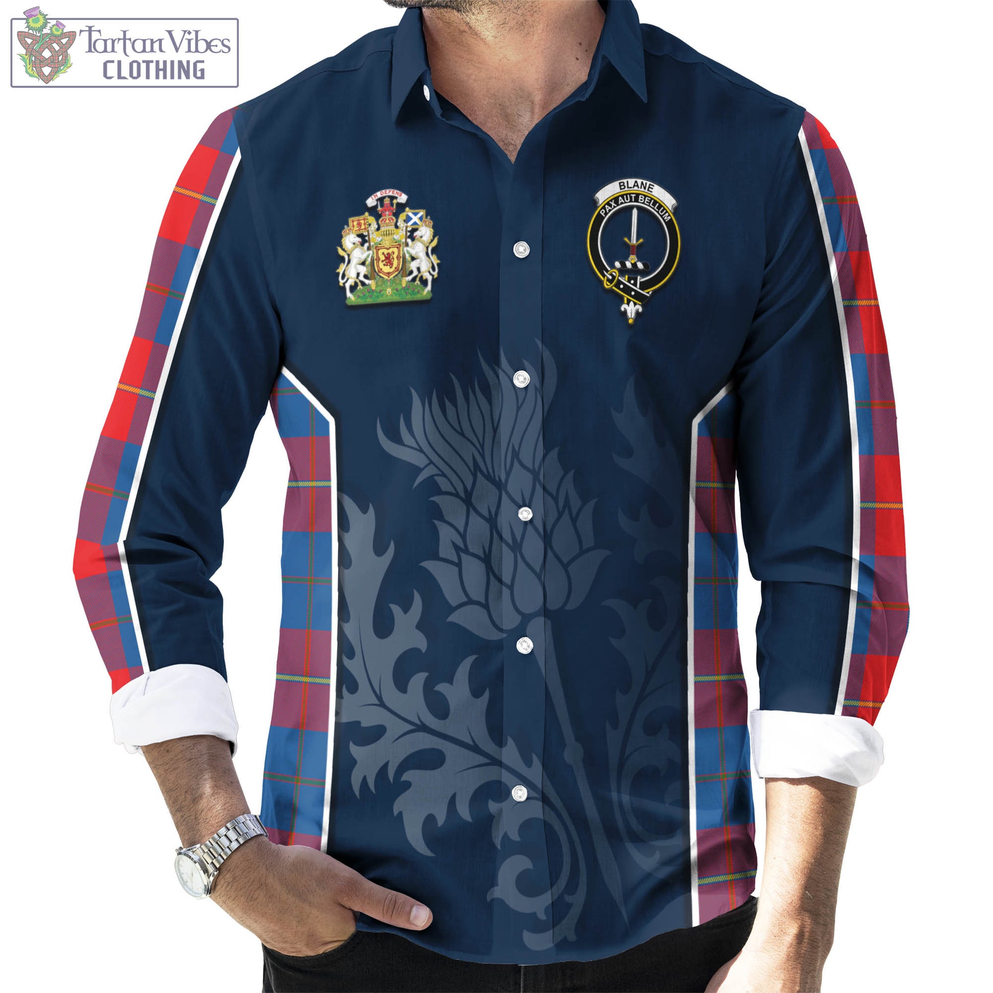 Tartan Vibes Clothing Blane Tartan Long Sleeve Button Up Shirt with Family Crest and Scottish Thistle Vibes Sport Style