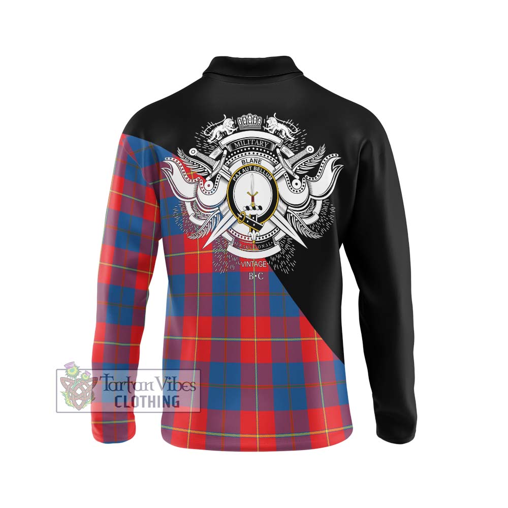 Blane Tartan Long Sleeve Polo Shirt with Family Crest and Military Logo Style - Tartanvibesclothing Shop