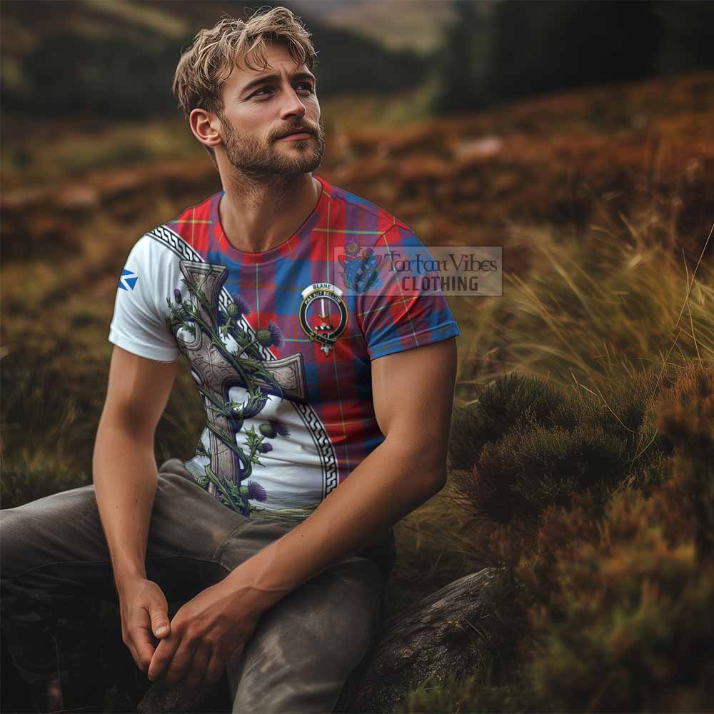 Tartan Vibes Clothing Blane Agnew Tartan T-Shirt with Family Crest and St. Andrew's Cross Accented by Thistle Vines