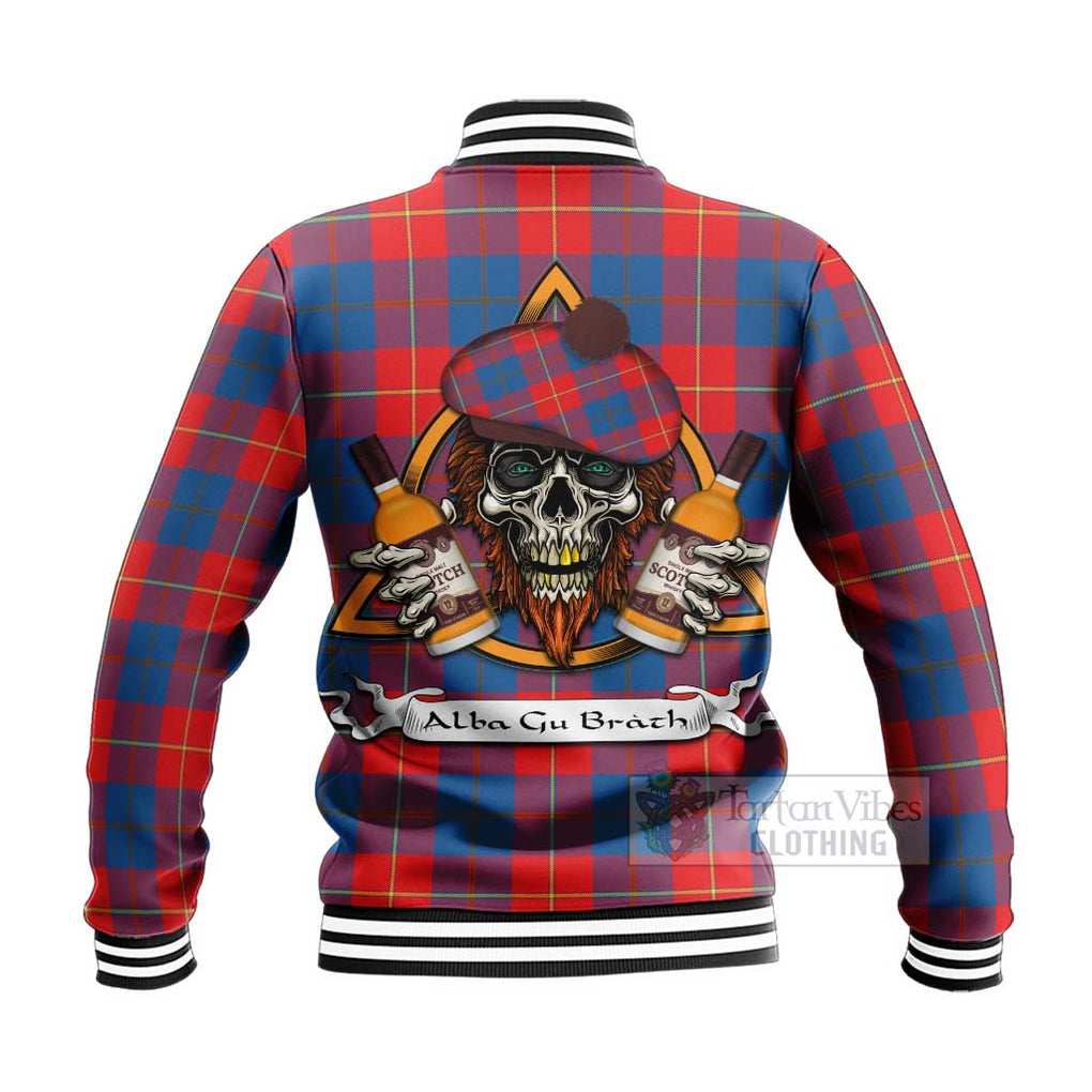 Tartan Vibes Clothing Blane Tartan Baseball Jacket with Family Crest and Bearded Skull Holding Bottles of Whiskey