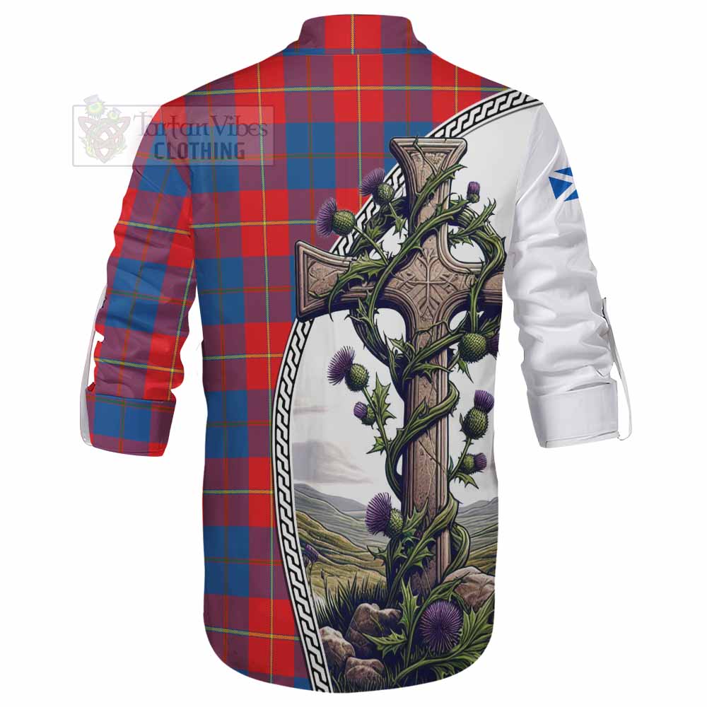 Tartan Vibes Clothing Blane Tartan Ghillie Kilt Shirt with Family Crest and St. Andrew's Cross Accented by Thistle Vines