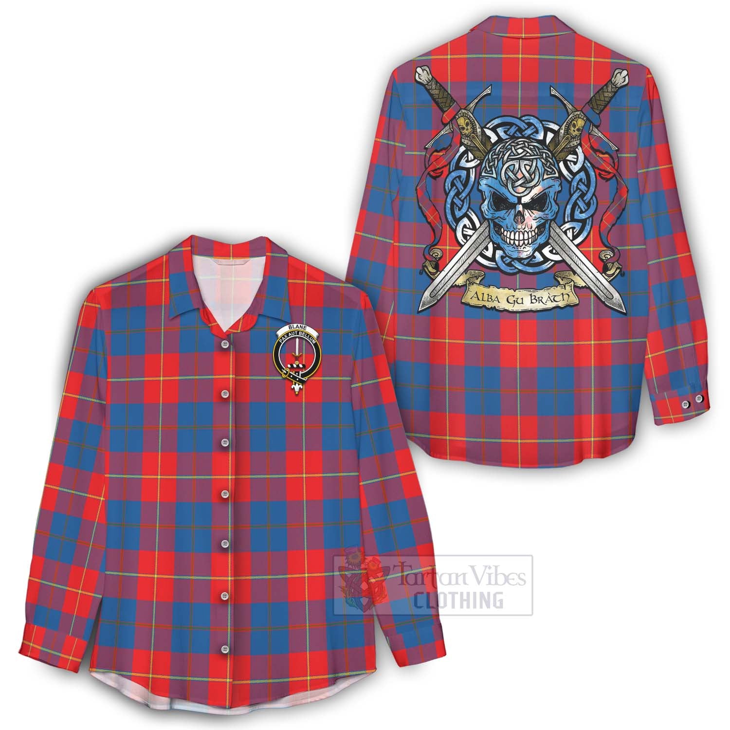 Tartan Vibes Clothing Blane Tartan Women's Casual Shirt with Family Crest Celtic Skull Style