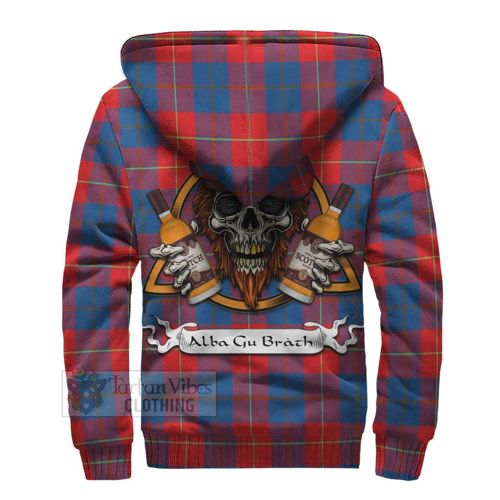 Tartan Vibes Clothing Blane Tartan Sherpa Hoodie with Family Crest and Bearded Skull Holding Bottles of Whiskey