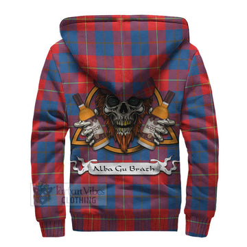 Blane Tartan Sherpa Hoodie with Family Crest and Bearded Skull Holding Bottles of Whiskey