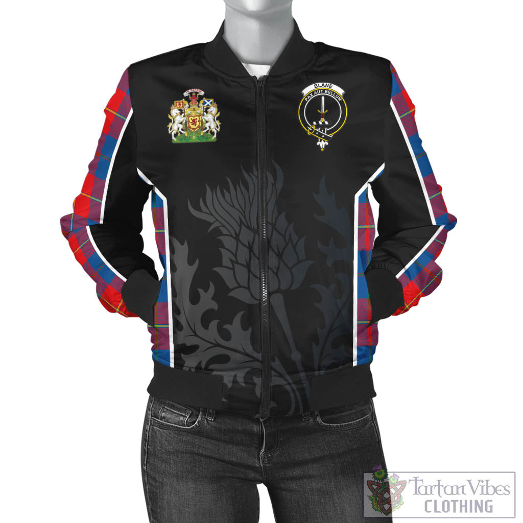 Tartan Vibes Clothing Blane Tartan Bomber Jacket with Family Crest and Scottish Thistle Vibes Sport Style