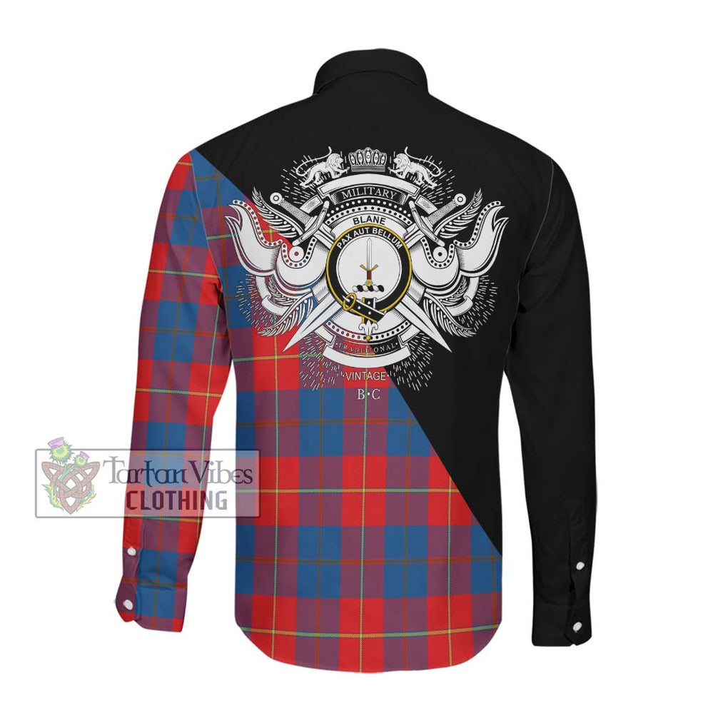 Blane Tartan Long Sleeve Button Shirt with Family Crest and Military Logo Style Men's Shirt - Tartanvibesclothing Shop