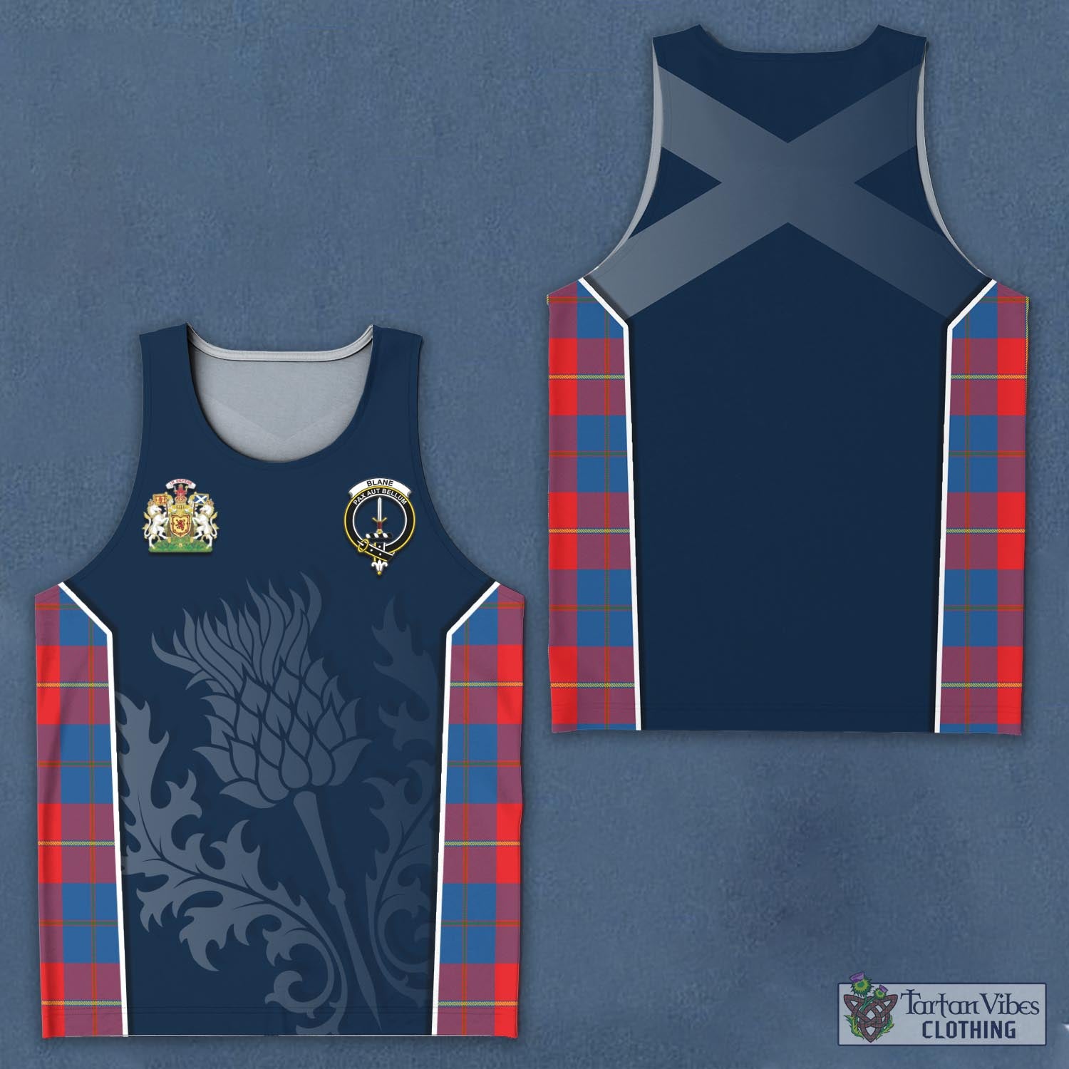 Tartan Vibes Clothing Blane Tartan Men's Tanks Top with Family Crest and Scottish Thistle Vibes Sport Style