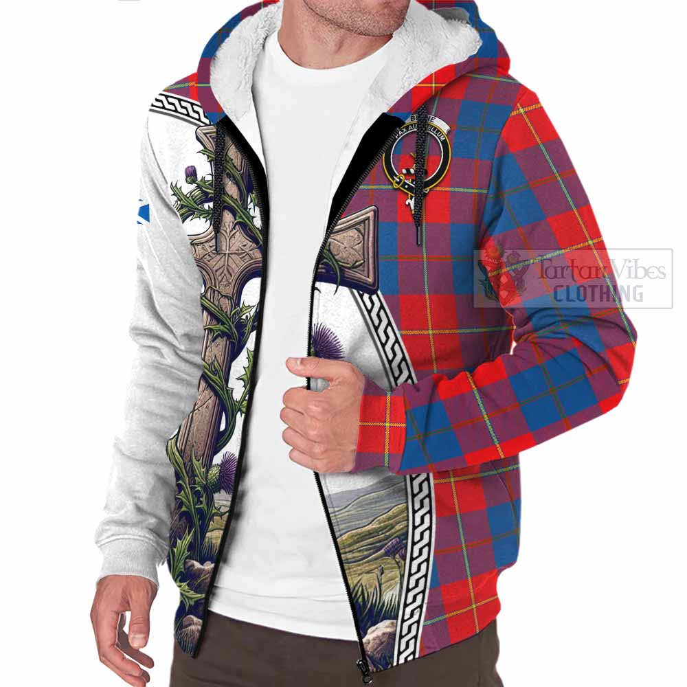 Tartan Vibes Clothing Blane Tartan Sherpa Hoodie with Family Crest and St. Andrew's Cross Accented by Thistle Vines