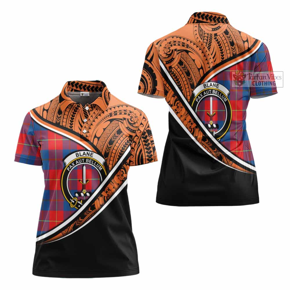 Tartan Vibes Clothing Blane Crest Tartan Women's Polo Shirt with Maori Tattoo Style - Orange Version