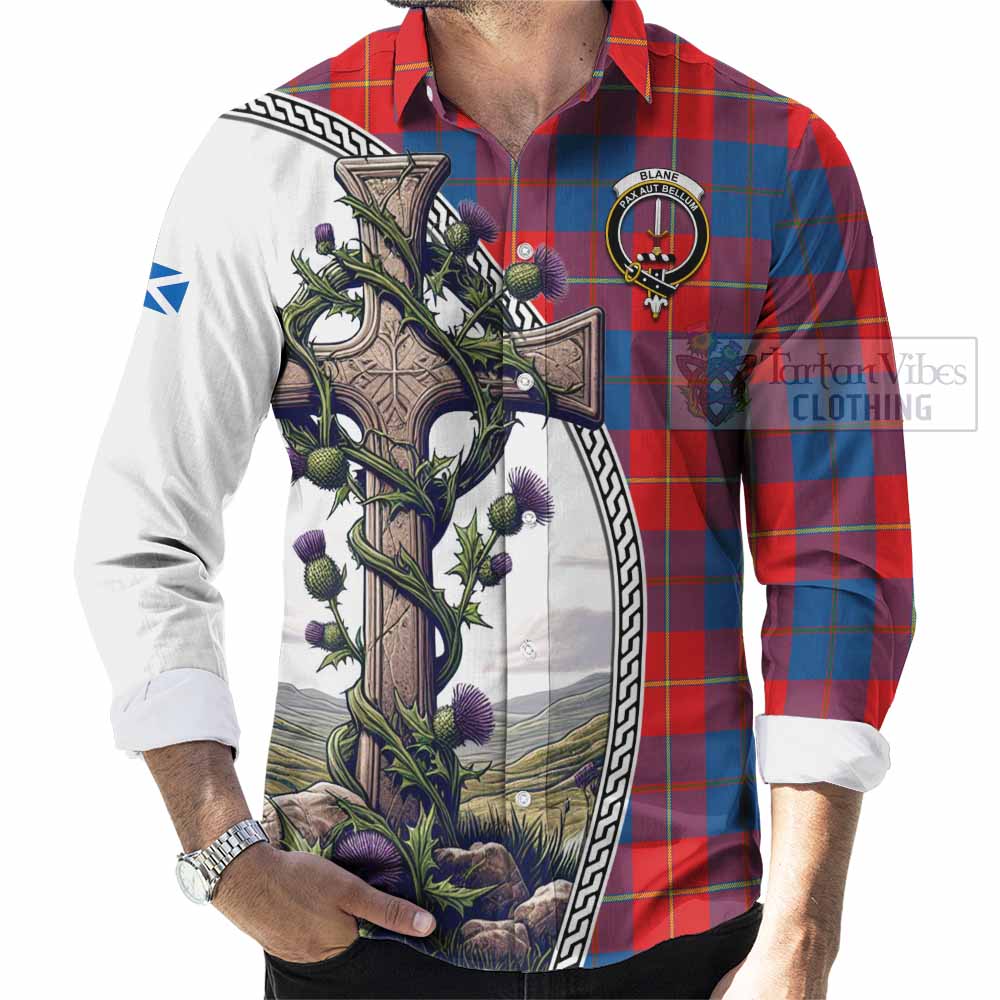 Tartan Vibes Clothing Blane Tartan Long Sleeve Button Shirt with Family Crest and St. Andrew's Cross Accented by Thistle Vines