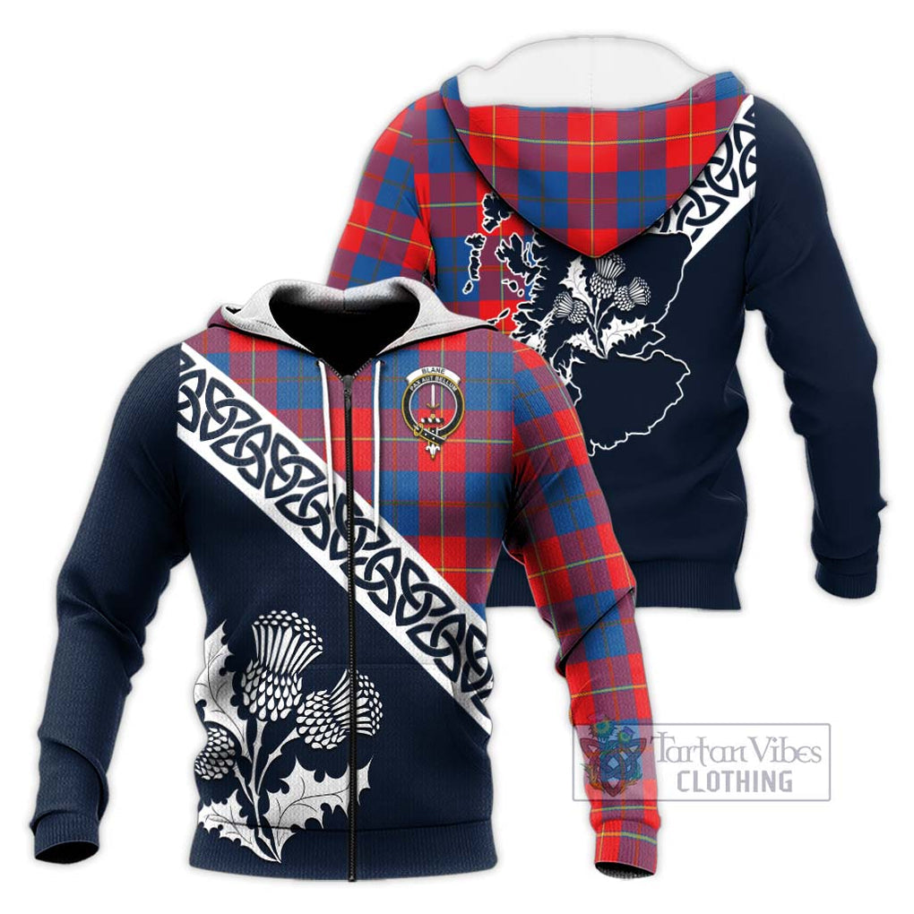 Tartan Vibes Clothing Blane Tartan Knitted Hoodie Featuring Thistle and Scotland Map