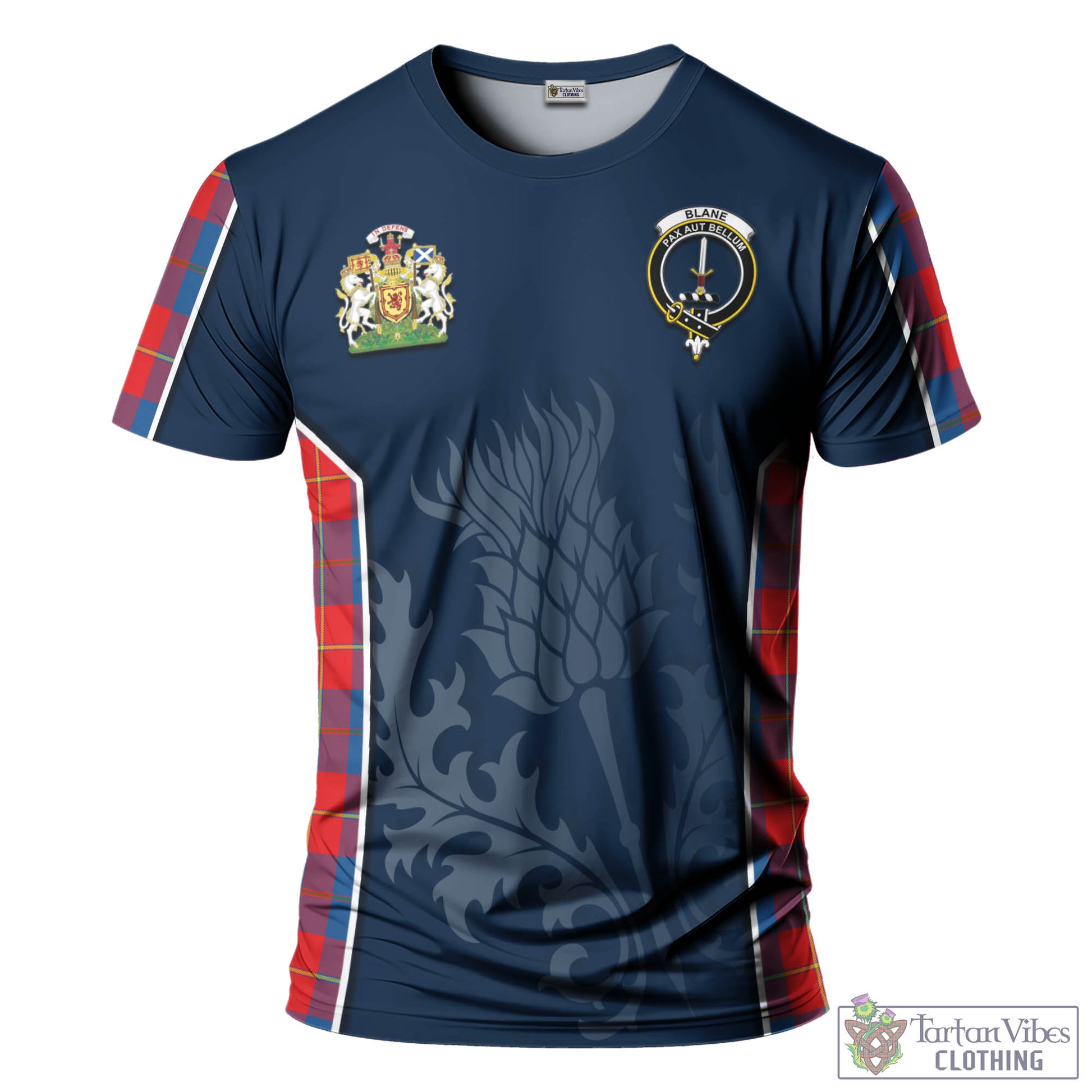 Tartan Vibes Clothing Blane Tartan T-Shirt with Family Crest and Scottish Thistle Vibes Sport Style