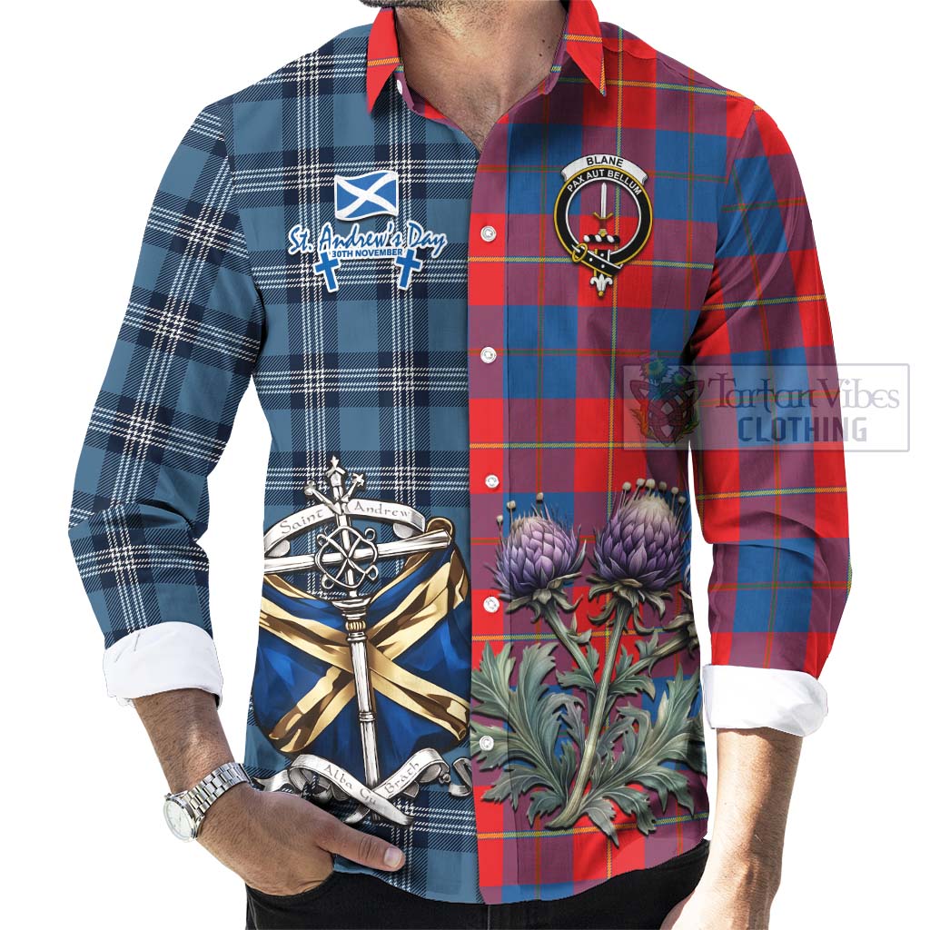 Tartan Vibes Clothing Blane Tartan Long Sleeve Button Shirt Happy St. Andrew's Day Half Tartan Style