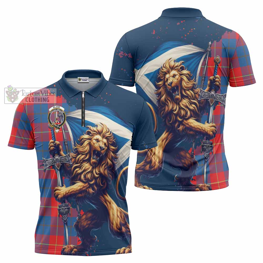 Tartan Vibes Clothing Blane Tartan Family Crest Zipper Polo Shirt with Scottish Majestic Lion