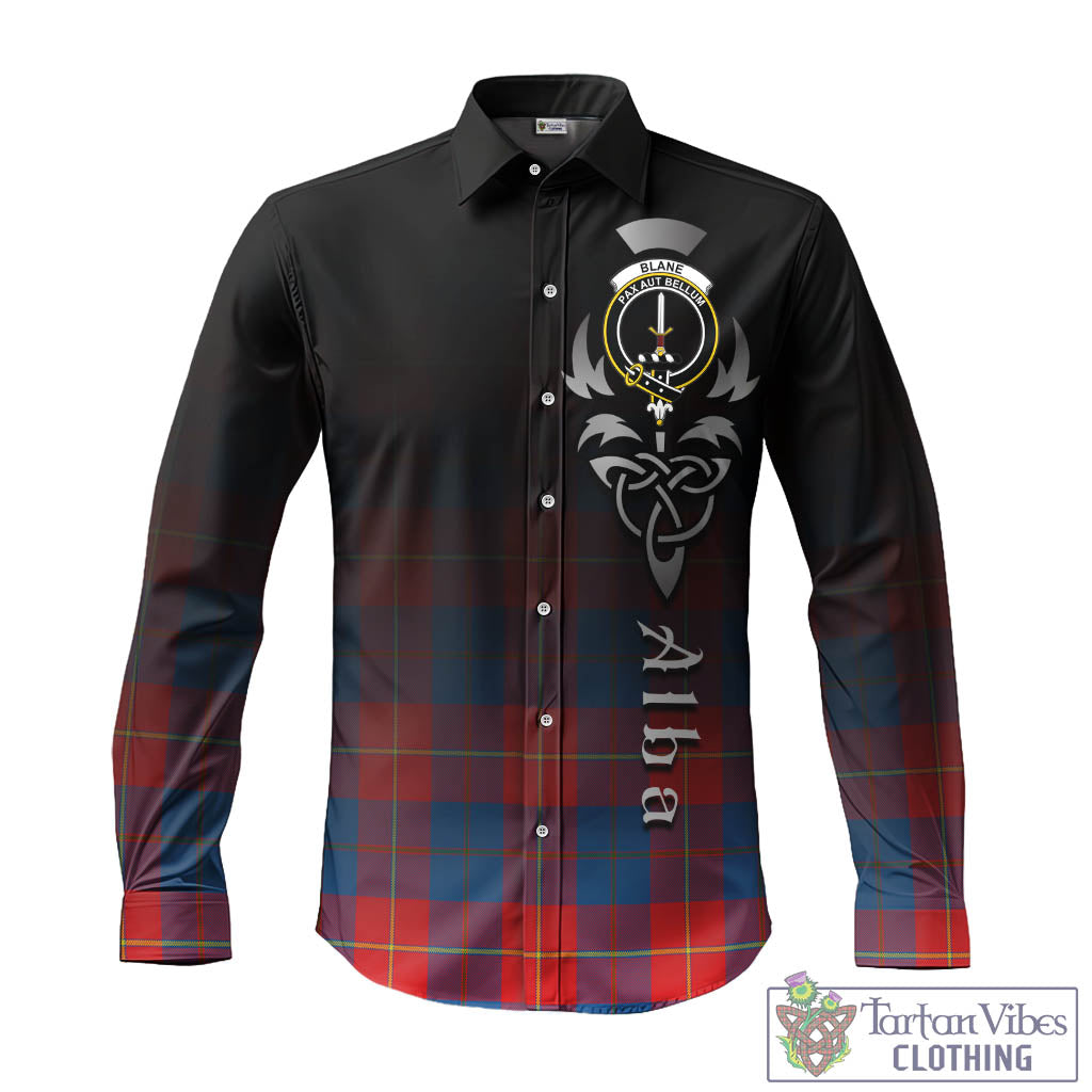 Tartan Vibes Clothing Blane Tartan Long Sleeve Button Up Featuring Alba Gu Brath Family Crest Celtic Inspired