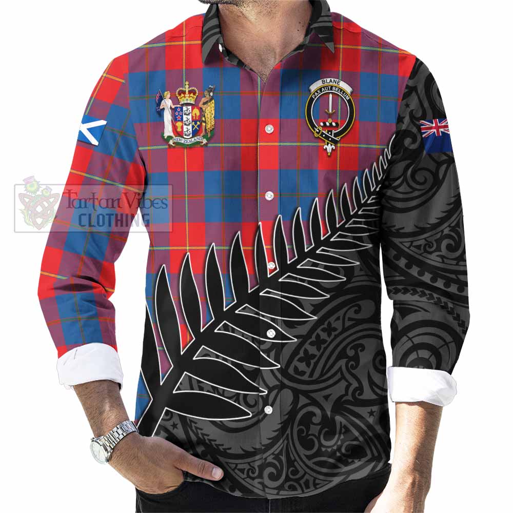 Tartan Vibes Clothing Blane Crest Tartan Long Sleeve Button Shirt with New Zealand Silver Fern Half Style