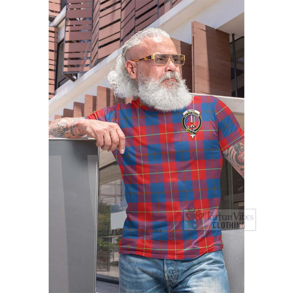 Tartan Vibes Clothing Blane Tartan Cotton T-shirt with Family Crest and Bearded Skull Holding Bottles of Whiskey