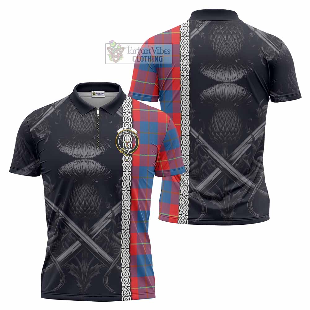 Tartan Vibes Clothing Blane Tartan Zipper Polo Shirt with Family Crest Cross Sword Thistle Celtic Vibes