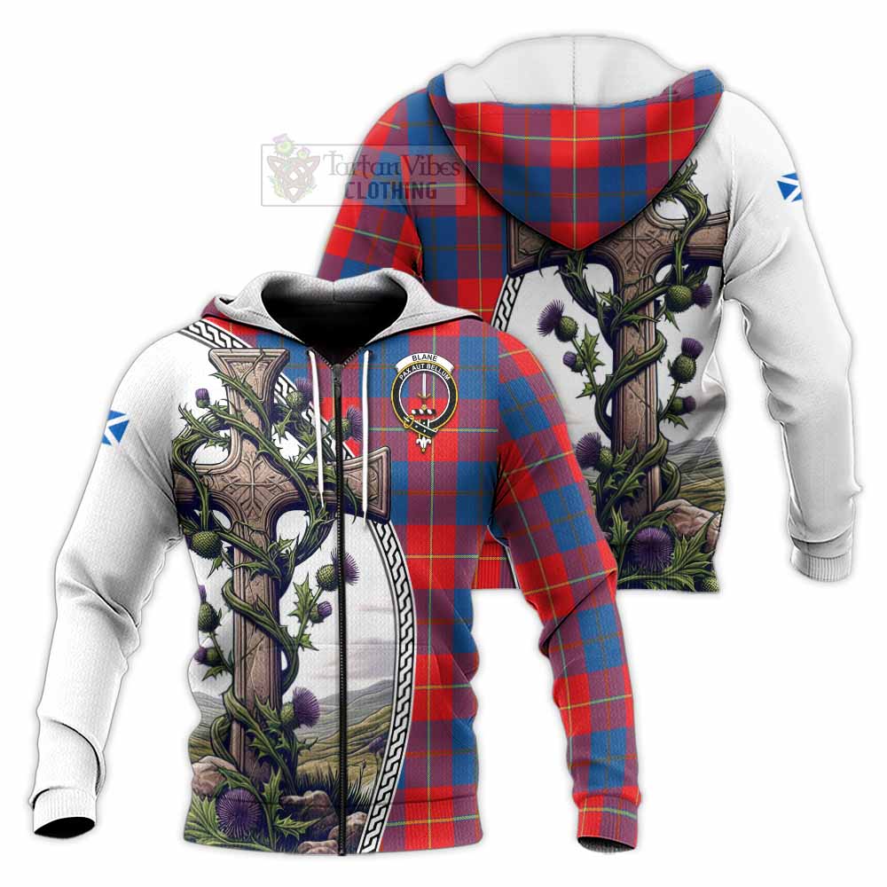 Tartan Vibes Clothing Blane Tartan Knitted Hoodie with Family Crest and St. Andrew's Cross Accented by Thistle Vines