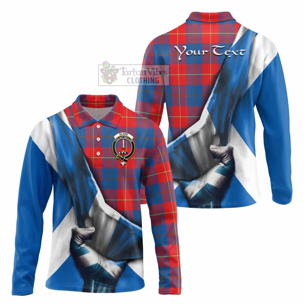 Tartan Vibes Clothing Blane Tartan Long Sleeve Polo Shirt with Family Crest Scotland Patriotic Style