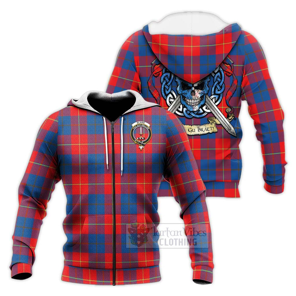 Tartan Vibes Clothing Blane Tartan Knitted Hoodie with Family Crest Celtic Skull Style