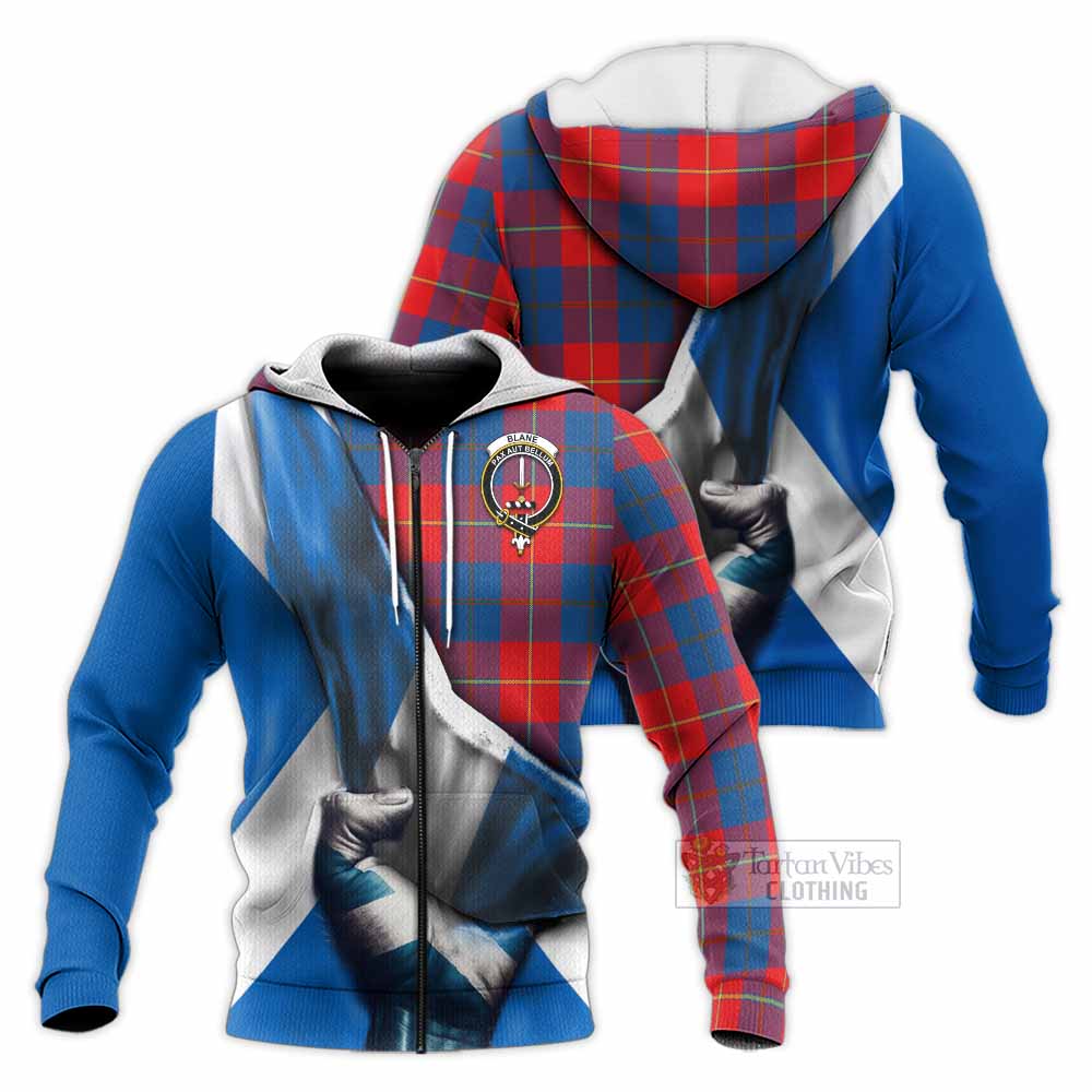 Tartan Vibes Clothing Blane Tartan Knitted Hoodie with Family Crest Scotland Patriotic Style