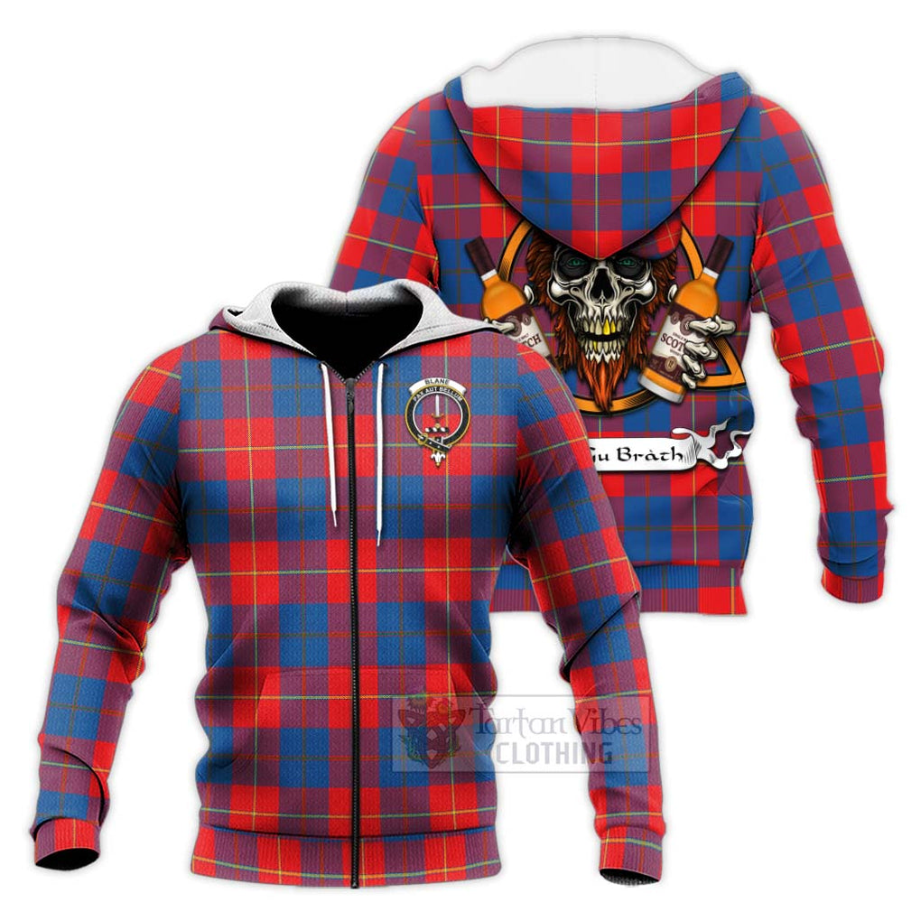 Tartan Vibes Clothing Blane Tartan Knitted Hoodie with Family Crest and Bearded Skull Holding Bottles of Whiskey