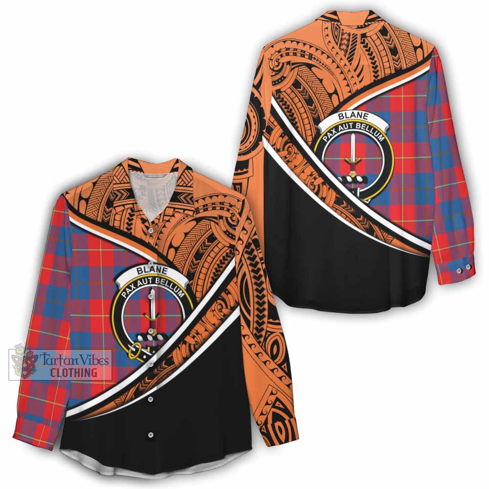 Tartan Vibes Clothing Blane Crest Tartan Women's Casual Shirt with Maori Tattoo Style - Orange Version